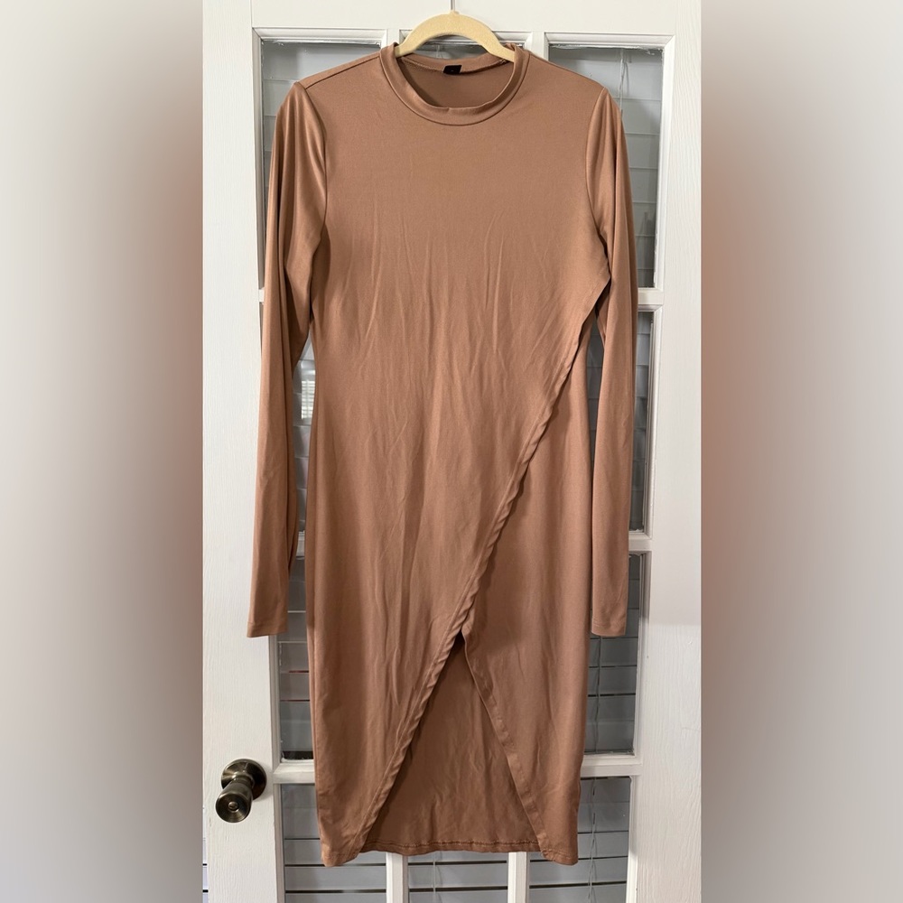 SHEIN Women's L Brown High Front Slit Midi‎ Long Sleeve Dress | SKU 0271